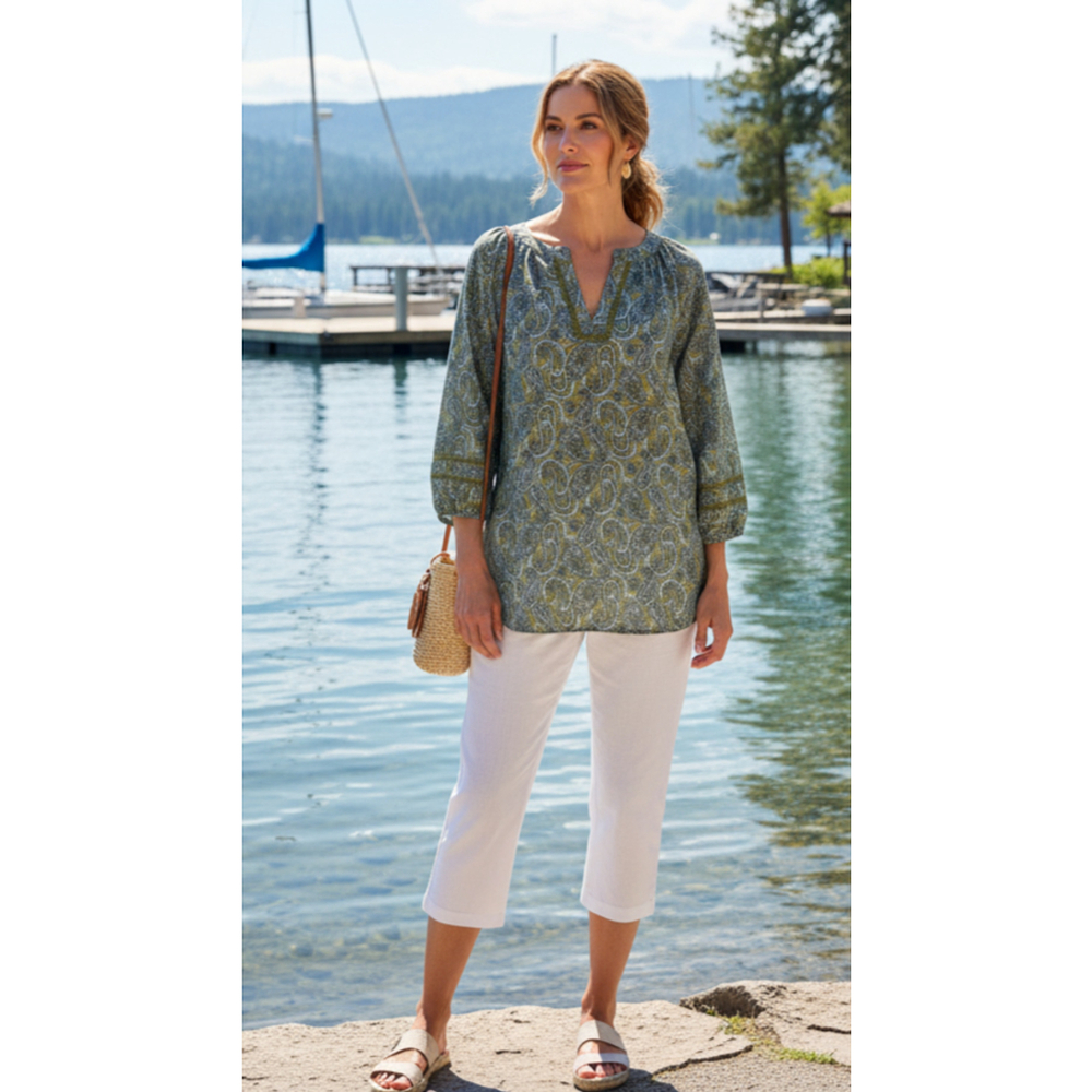 Lands End Tunic Shirt Top Womens XL 18 Paisley Green Blue Long Sleeve Boho - Picture 15 of 15